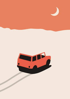 Kunstdruck Red Car in Desert with moon
