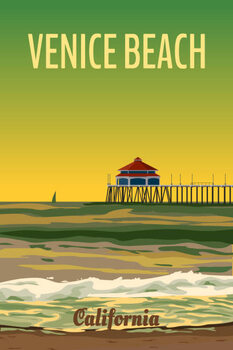 Illustrazione Retro California Venice Beach travel poster sunset