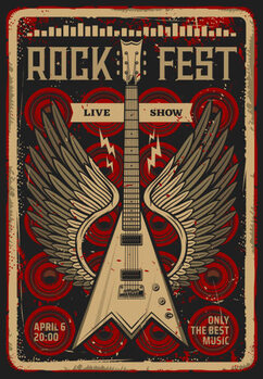 Umělecký tisk Rock guitar retro poster, music festival concert