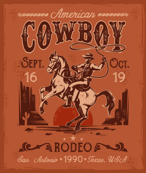 Stampa d'arte Rodeo poster with a cowboy sitting