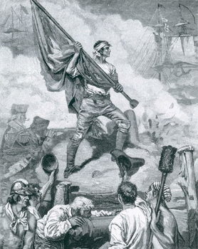 Reproducción de arte Sergeant Jasper at the Battle of Fort Moultrie, June 28th 1776, illustration from 'The Dawning of Independence' by Thomas Wentworth Higginson, pub. in Harper's Magazine, 1883
