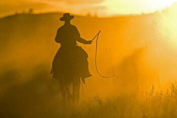 Stampa d'arte Silhouette of Cowboy at Sunset