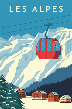 Ilustracja Ski resort with red gondola lift,