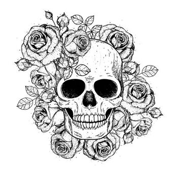 Ilustrace Skull and flowers hand drawn illustration.
