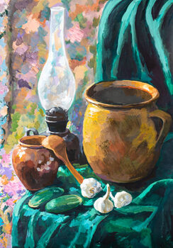 Illustrazione still life with ceramic pots and kerosene lamp