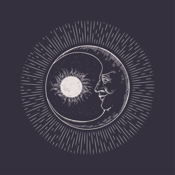 Illustration Sun, stars and crescent. Moon face.