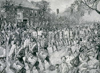 Reproducción de arte The Continental Army Marching Down the Old Bowery, New York, 25th November 1783, illustration from 'The Evacuation, 1783' by Eugene Lawrence, pub. in Harper's Weekly, 24th November 1883