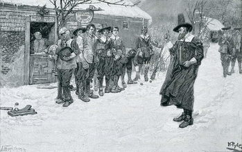 Reproducción de arte The Puritan Governor Interrupting the Christmas Sports, engraved by J. Bernstrom, illustration from 'Christmas' by George William Curtis, pub. in Harper's Magazine, 1883