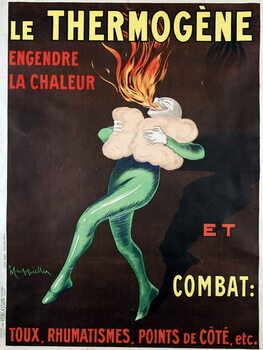 Reproducción de arte The thermogen generates heat and fights cough, rheumatism, side points etc: poster by Leonetto Cappiello , 1926. A man warmed by the medicine spits out a flame. BN, Paris.
