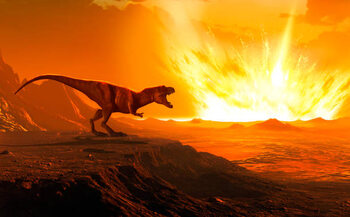 Illustrazione Tyrannosaurus observing asteroid impact, illustration