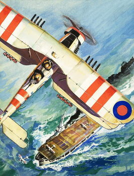 Kunsttryk Unidentified bi-plane flying over an aircraft carrier