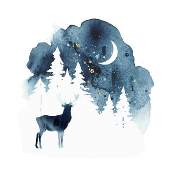 Ilustrácia Vector silhouette of reindeer. Watercolor winter