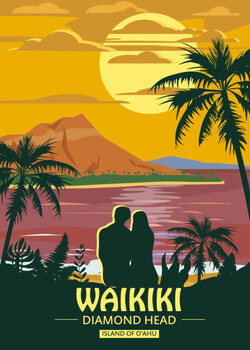 Ilustrace Waikiki island of O ahu Retro