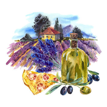 Illusztráció Watercolor landscape with bloominglavender, olive
