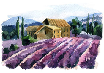 Illusztráció Watercolor lavender field landscape. Summer in