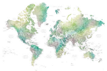 Χάρτης Watercolor world map with cities in muted green, Oriole