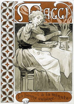Konsttryck Young woman cooking on a gas stove -  Maggi “” good food by the minute””, by Mucha, circa 1890.