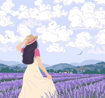Illusztráció Young Woman Enjoys the lavender Field
