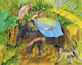 Canvastavla Elephant with Monkeys and Parasol, 2005