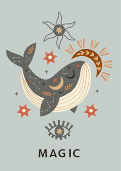Print op canvas celestial poster with whale,moon,eye,sun