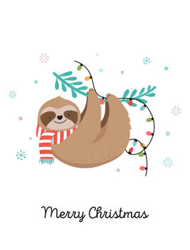 Obraz na plátne Cute sloth, funny Christmas illustrations with