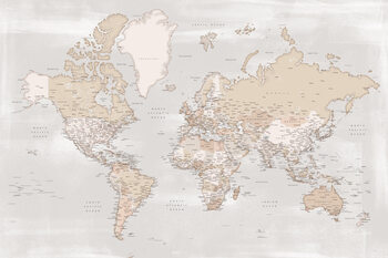 Print op canvas Rustic detailed world map with cities, Lucille