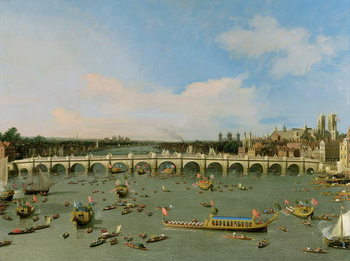 Print op canvas Westminster Bridge, London, With the Lord Mayor's Procession on the Thames