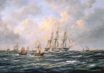 Schilderij op canvas Convoy of East Indiamen amid Fishing Boats