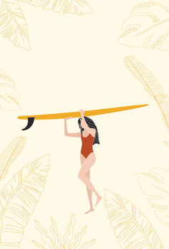 Schilderij op canvas Surfer Girl Holding the Longboard Surfboard,