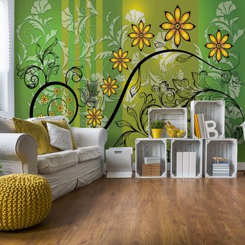 Modern Floral Design With Swirls Green And Yellow Fotobehang