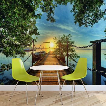 Path Pier Trees Boats Sunset Fotobehang