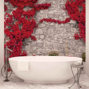 Red Flowers Stone Wall Fotobehang