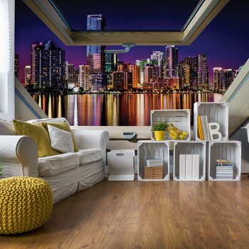 Fotomural City Skyline Night 3D Skylight Window View