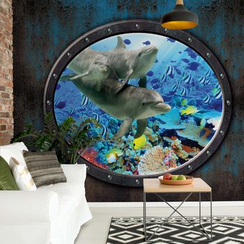 Fotomural Dolphins Coral Reef Underwater Submarine Window View