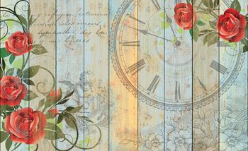 Fotomurale Rosas Reloj Madera Tablones Vintage