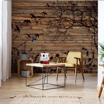 Fotomural Rustic Birds And Tree Silhouette Wood Plank Texture