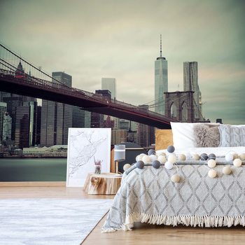 Fotomural Sepia New York City Skyline Brooklyn Bridge
