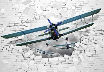 3D Plane Bursting Through Brick Wall Fototapeta