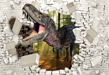 3D Dinosaur Bursting Through Brick Wall Fototapet