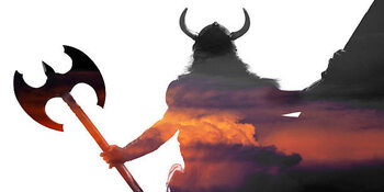 Fototapeta Double exposure portrait of a strong viking