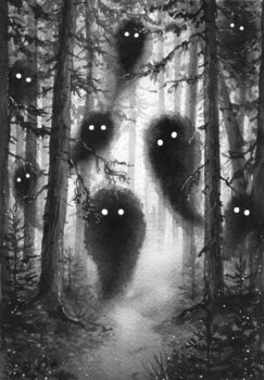 Fototapeta Hand drawn foggy forest with spirits