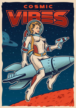 Fototapeta Vintage space poster with pin up