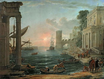 Billede på lærred Seaport with the Embarkation of the Queen of Sheba