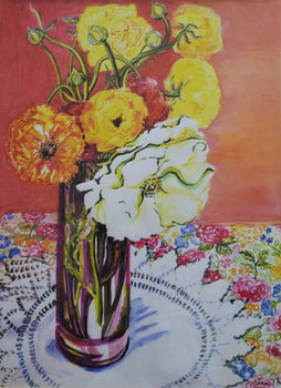 Billede på lærred Ranunculus on a Lace Cloth,