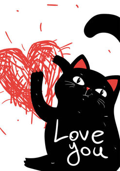 Bilde på lerret Black sarcastic grumpy cat scratched heart,