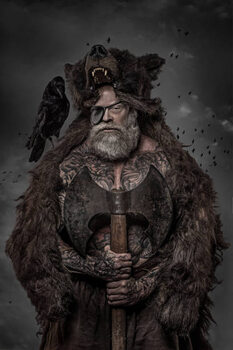 Bilde på lerret Viking warrior Odin man with crows