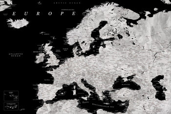 Kaart Black and grey detailed map of Europe in watercolor