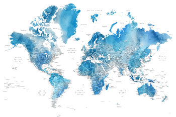 Mapa Blue watercolor world map with cities, Raleigh