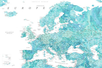 Mapa Detailed map of Europe in aquamarine watercolor