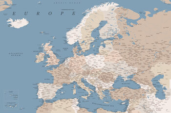 Zemljevid Detailed map of Europe in blue and taupe